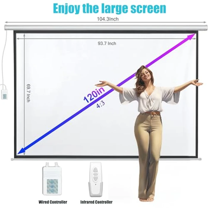 120" Motorized Projector Screen, Electric 4:3 Projector Screen with Remote Control, Indoor/Outdoor HD Movie Screen, Wall/Ceiling Mounted, Perfect for Home Office Theater TV, White by SiliBamb - Image 5