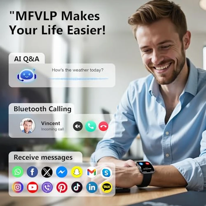 Smart Watch for Men Women, Bluetooth Calls, AI Dial,AI Q&A,1.85" HD AMOLED Curved Display Fitness Watch with Heart Rate/SpO2/Stress Monitor,Pedometer,110+ Sports Waterproof IP68 Smartwatch,Matte Black by MFVLP - Image 2