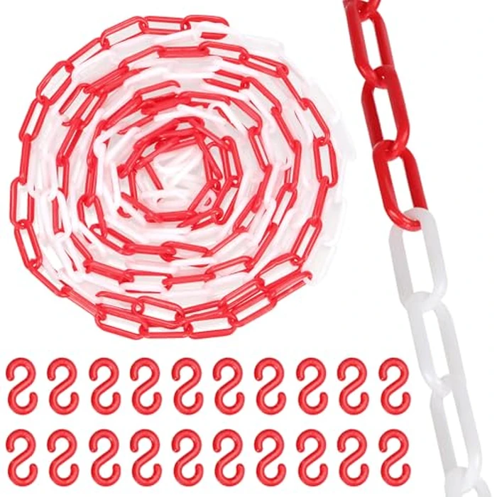 Swpeet 21Pcs 5M x 6mm Plastic Barrier Chain Red White Plastic Safety Chain Plastic Chain Links with S- Hooks Plastic Chain Barrier Safety Barrier Chain for Fence, Parking, Crowd Control, Queue Line by Swpeet - Used - Very Good condition - CA$10.57
