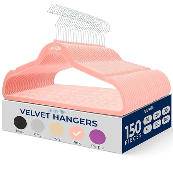 SereneLife Premium Non-Slip Velvet Hangers - Space Saving Heavy Duty Slim Suit Clothes Hanger Set w/ 360 Degree Swivel Metal Hook, Holds Up to 10 Lbs. for Coats, Jackets, Pants & Dress (150 Pieces) by SereneLife - Used - Like New condition - CA$60.51
