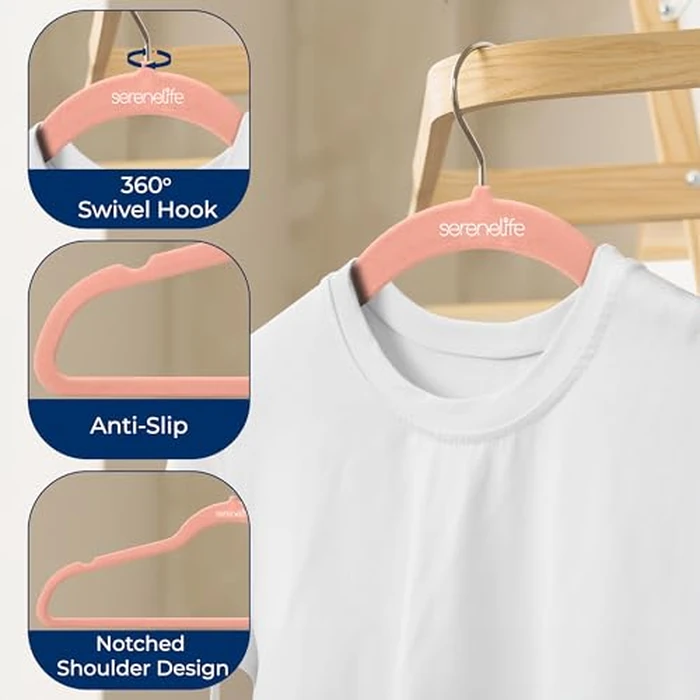 SereneLife Premium Non-Slip Velvet Hangers - Space Saving Heavy Duty Slim Suit Clothes Hanger Set w/ 360 Degree Swivel Metal Hook, Holds Up to 10 Lbs. for Coats, Jackets, Pants & Dress (150 Pieces) by SereneLife - Image 5