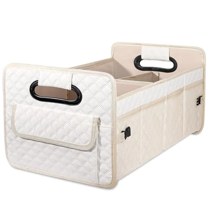 JiatuA Car Trunk Organizer for SUV, Car Storage Organizer Collapsible Multi Compartment Container Box Adjustable Car Accessories for Women Men, Beige by JiatuA - Used - Like New condition - US$16.84