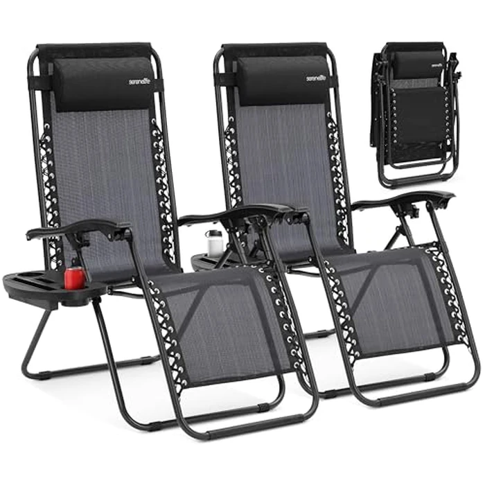 SereneLife Zero Gravity Outdoor Lounge Chairs 2 Pack - Folding Recliners with Side Table, Cup Holder & Padded Headrest - Adjustable Patio Chairs for Lawn, Garden, Deck, Camping (Black) by SereneLife - Used - Like New condition