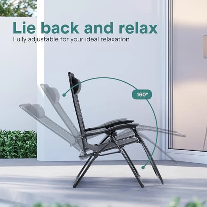 SereneLife Zero Gravity Outdoor Lounge Chairs 2 Pack - Folding Recliners with Side Table, Cup Holder & Padded Headrest - Adjustable Patio Chairs for Lawn, Garden, Deck, Camping (Black) by SereneLife - Image 2