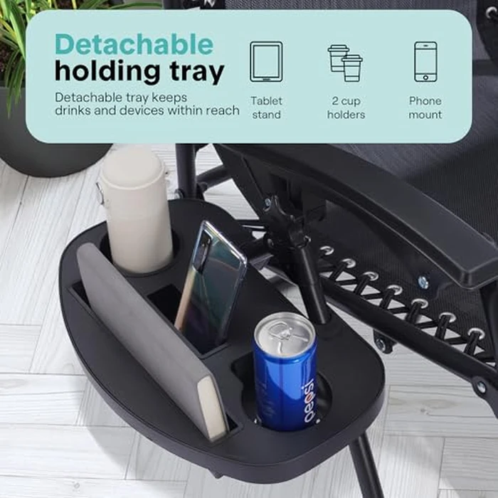 SereneLife Zero Gravity Outdoor Lounge Chairs 2 Pack - Folding Recliners with Side Table, Cup Holder & Padded Headrest - Adjustable Patio Chairs for Lawn, Garden, Deck, Camping (Black) by SereneLife - Image 5