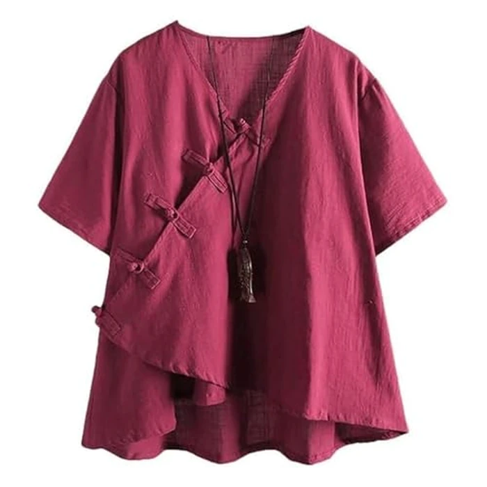 Minibee Women's Linen Retro Chinese Frog Button Tops Blouse Wine Red M by Minibee - Image 1