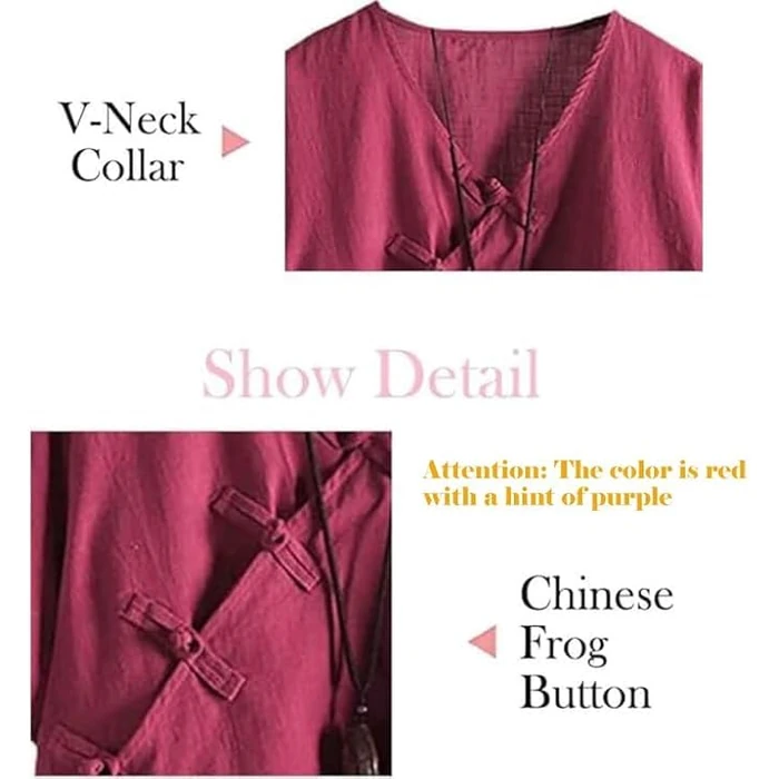 Minibee Women's Linen Retro Chinese Frog Button Tops Blouse Wine Red M by Minibee - Image 2