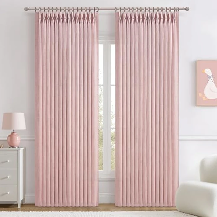 Cute Baby Pink Memory Trained Pinch Pleated Curtains 84 Inch Length 2 Panels Set for Girl Room Nursery, Linen Blend Light-Pink Princess Semi Sheer Light Filtering Living Room Drapes Back Tab 40Wx84L by PleatedDrapes - Image 1