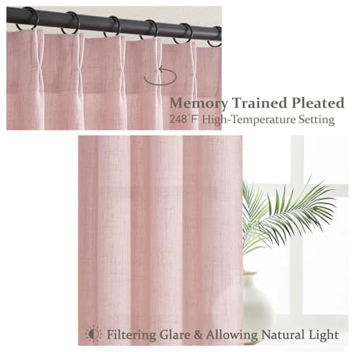Cute Baby Pink Memory Trained Pinch Pleated Curtains 84 Inch Length 2 Panels Set for Girl Room Nursery, Linen Blend Light-Pink Princess Semi Sheer Light Filtering Living Room Drapes Back Tab 40Wx84L by PleatedDrapes - Image 3