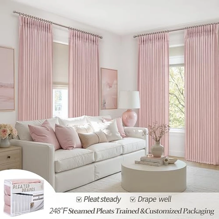 Cute Baby Pink Memory Trained Pinch Pleated Curtains 84 Inch Length 2 Panels Set for Girl Room Nursery, Linen Blend Light-Pink Princess Semi Sheer Light Filtering Living Room Drapes Back Tab 40Wx84L by PleatedDrapes - Image 5