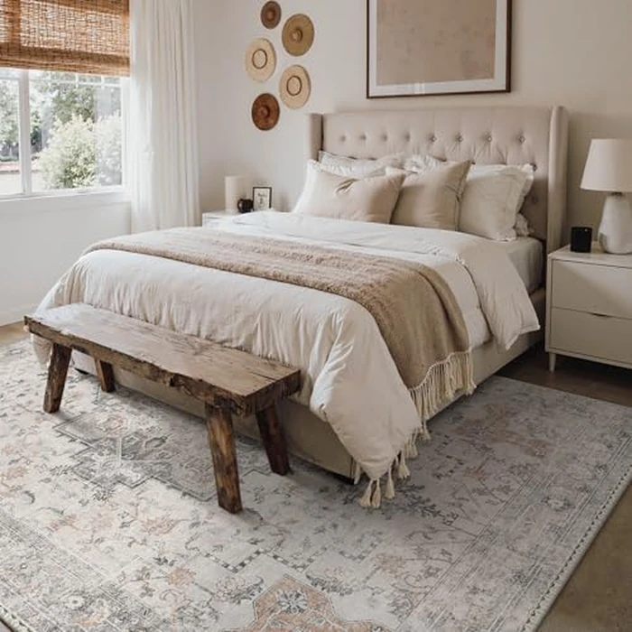 GENIMO 5X7 Area Rugs for Living Room, Machine Washable Non Slip Vintage Rugs, Low Pile Lightweight Chenille Print Rug for Bedroom, Dining Room, Home Office, Light Taupe Brown by GENIMO - Image 2