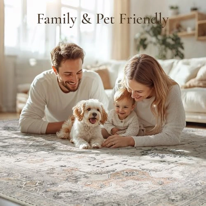 GENIMO 5X7 Area Rugs for Living Room, Machine Washable Non Slip Vintage Rugs, Low Pile Lightweight Chenille Print Rug for Bedroom, Dining Room, Home Office, Light Taupe Brown by GENIMO - Image 3