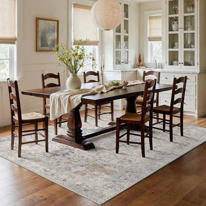 GENIMO 5X7 Area Rugs for Living Room, Machine Washable Non Slip Vintage Rugs, Low Pile Lightweight Chenille Print Rug for Bedroom, Dining Room, Home Office, Light Taupe Brown by GENIMO - Image 8