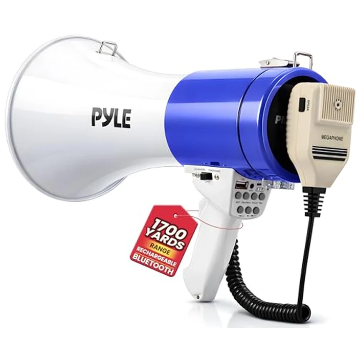 Pyle 50W Megaphone Bullhorn Speaker - Portable Bluetooth, Alarm Siren, Adjustable Volume up to 1700 Yards, Aux Input, USB/TF Playback, for Indoor/Outdoor Activities, Sports, and Emergency Drills -Blue by Pyle - Image 1