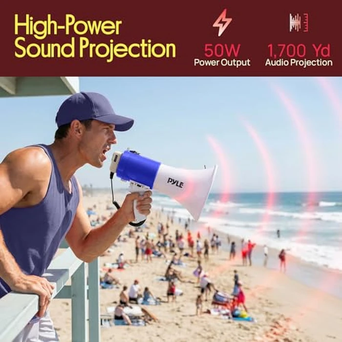 Pyle 50W Megaphone Bullhorn Speaker - Portable Bluetooth, Alarm Siren, Adjustable Volume up to 1700 Yards, Aux Input, USB/TF Playback, for Indoor/Outdoor Activities, Sports, and Emergency Drills -Blue by Pyle - Image 2