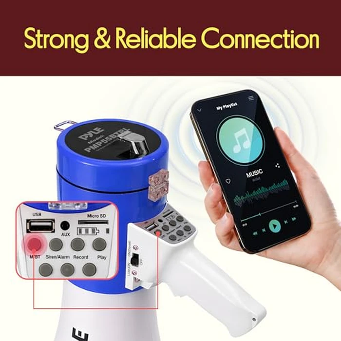 Pyle 50W Megaphone Bullhorn Speaker - Portable Bluetooth, Alarm Siren, Adjustable Volume up to 1700 Yards, Aux Input, USB/TF Playback, for Indoor/Outdoor Activities, Sports, and Emergency Drills -Blue by Pyle - Image 3