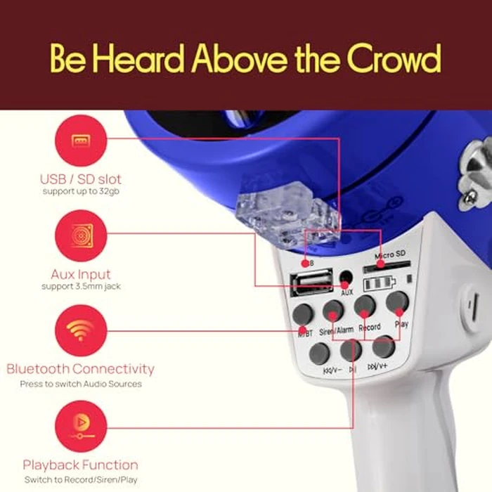 Pyle 50W Megaphone Bullhorn Speaker - Portable Bluetooth, Alarm Siren, Adjustable Volume up to 1700 Yards, Aux Input, USB/TF Playback, for Indoor/Outdoor Activities, Sports, and Emergency Drills -Blue by Pyle - Image 4