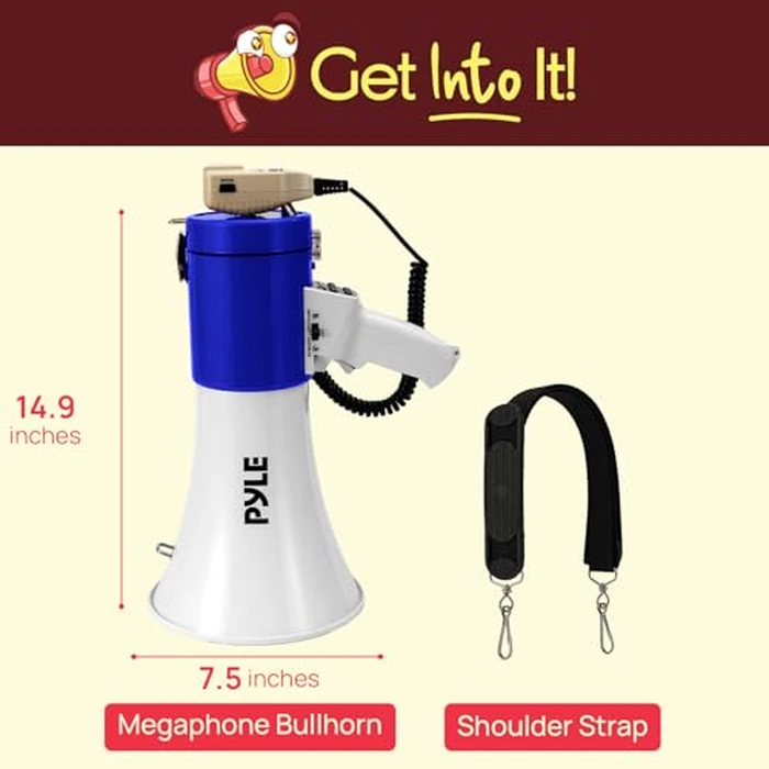 Pyle 50W Megaphone Bullhorn Speaker - Portable Bluetooth, Alarm Siren, Adjustable Volume up to 1700 Yards, Aux Input, USB/TF Playback, for Indoor/Outdoor Activities, Sports, and Emergency Drills -Blue by Pyle - Image 9
