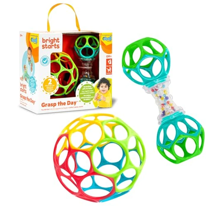 Bright Starts Easy-Grasp Oball Bundle Gift Set - Grasp The Day, Ball and Rattle Toys 2-Pack, BPA Free, Unisex, Newborn+ by Bright Starts - Used - Very Good condition