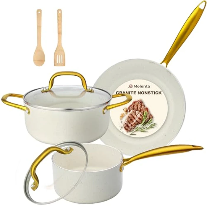 M MELENTA Pots and Pans Set Non Stick, 7 Piece White Granite Induction Cookware Set, Nonstick Kitchen Cooking Set with Gold Handle and Utensil, Oven Safe (PFOS, PFOA Free) by M MELENTA - Image 1