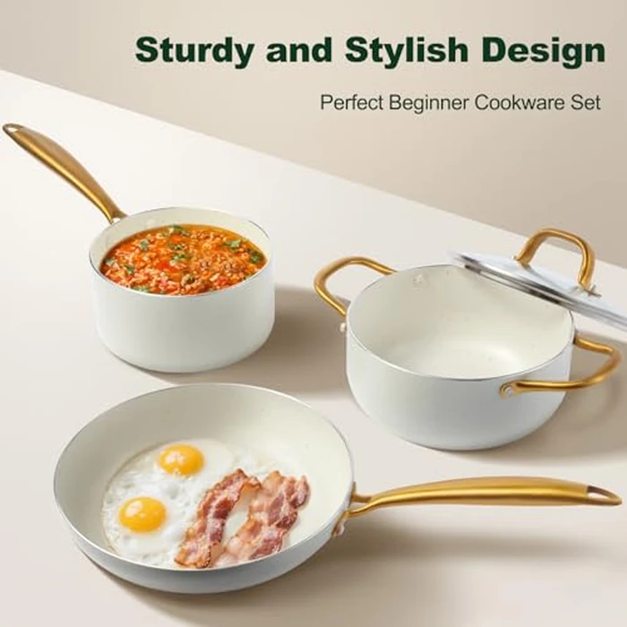 M MELENTA Pots and Pans Set Non Stick, 7 Piece White Granite Induction Cookware Set, Nonstick Kitchen Cooking Set with Gold Handle and Utensil, Oven Safe (PFOS, PFOA Free) by M MELENTA - Image 4