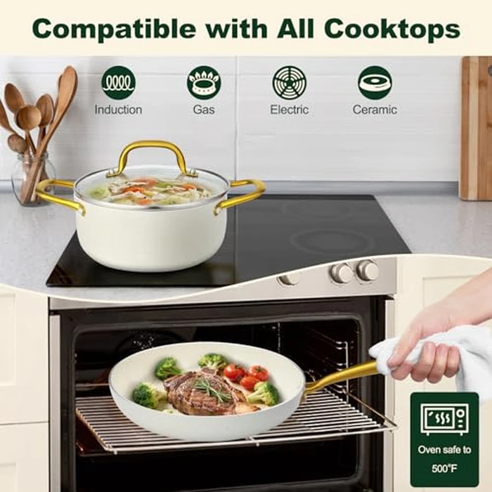 M MELENTA Pots and Pans Set Non Stick, 7 Piece White Granite Induction Cookware Set, Nonstick Kitchen Cooking Set with Gold Handle and Utensil, Oven Safe (PFOS, PFOA Free) by M MELENTA - Image 5