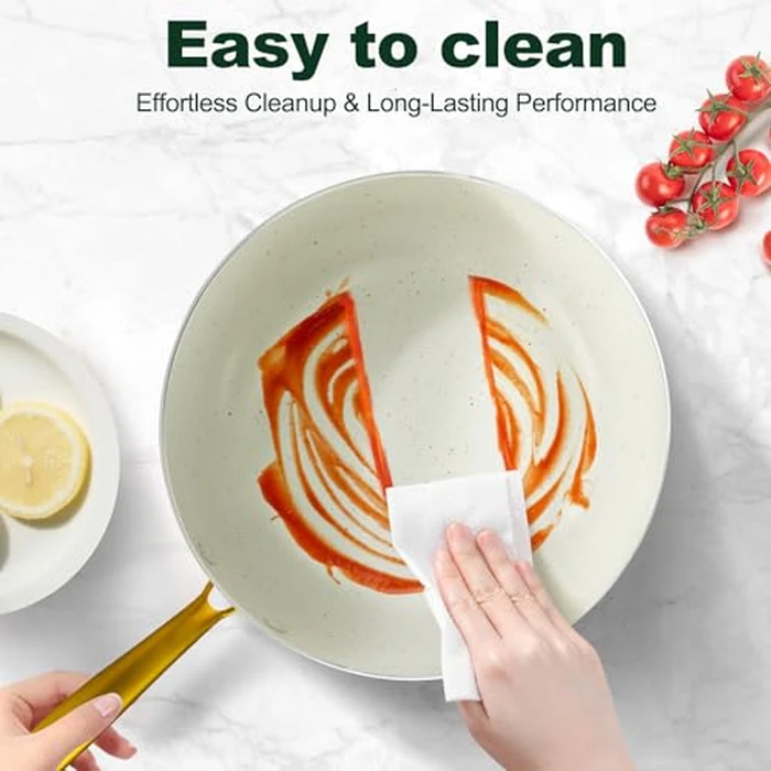 M MELENTA Pots and Pans Set Non Stick, 7 Piece White Granite Induction Cookware Set, Nonstick Kitchen Cooking Set with Gold Handle and Utensil, Oven Safe (PFOS, PFOA Free) by M MELENTA - Image 7