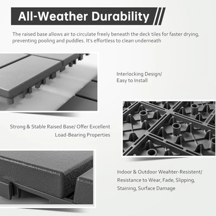 Interlocking Deck Tiles, EchoDeck Patio Deck Tiles, 44 Pack Deck Tiles Interlocking Outdoor All Weather, 12"x12", 8 Slat, 44 Sq. Ft, Highly Durable, Stylish, Non-Slip, Faster-Drying, Dark Grey by EchoDeck - Image 4