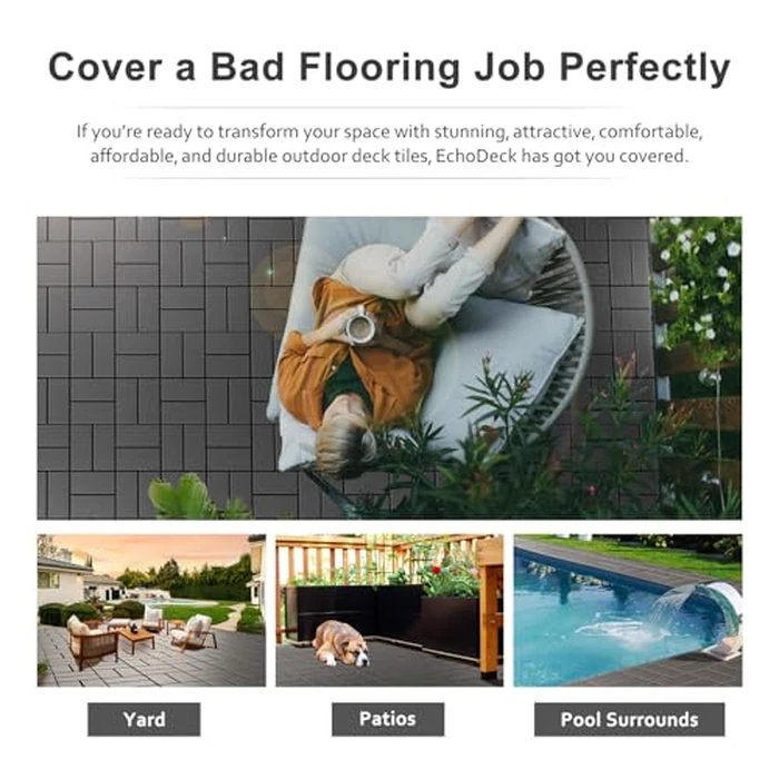 Interlocking Deck Tiles, EchoDeck Patio Deck Tiles, 44 Pack Deck Tiles Interlocking Outdoor All Weather, 12"x12", 8 Slat, 44 Sq. Ft, Highly Durable, Stylish, Non-Slip, Faster-Drying, Dark Grey by EchoDeck - Image 5