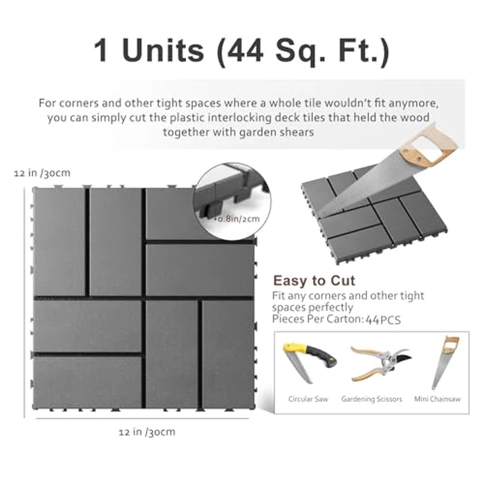 Interlocking Deck Tiles, EchoDeck Patio Deck Tiles, 44 Pack Deck Tiles Interlocking Outdoor All Weather, 12"x12", 8 Slat, 44 Sq. Ft, Highly Durable, Stylish, Non-Slip, Faster-Drying, Dark Grey by EchoDeck - Image 6