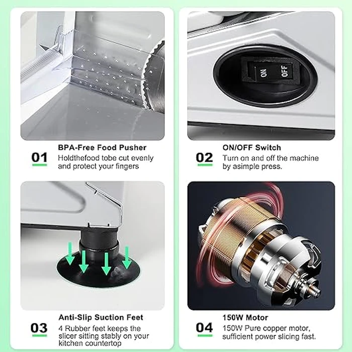 OSTBA Meat Slicer Machine for Home, Electric Deli Food Slicer with Removable 6.7” Stainless Steel Blades, 0-15mm Adjustable Thickness, Easy to Clean, 150W, Ideal for Cold Cuts, Cheese, Bread, Fruit by OSTBA - Image 7