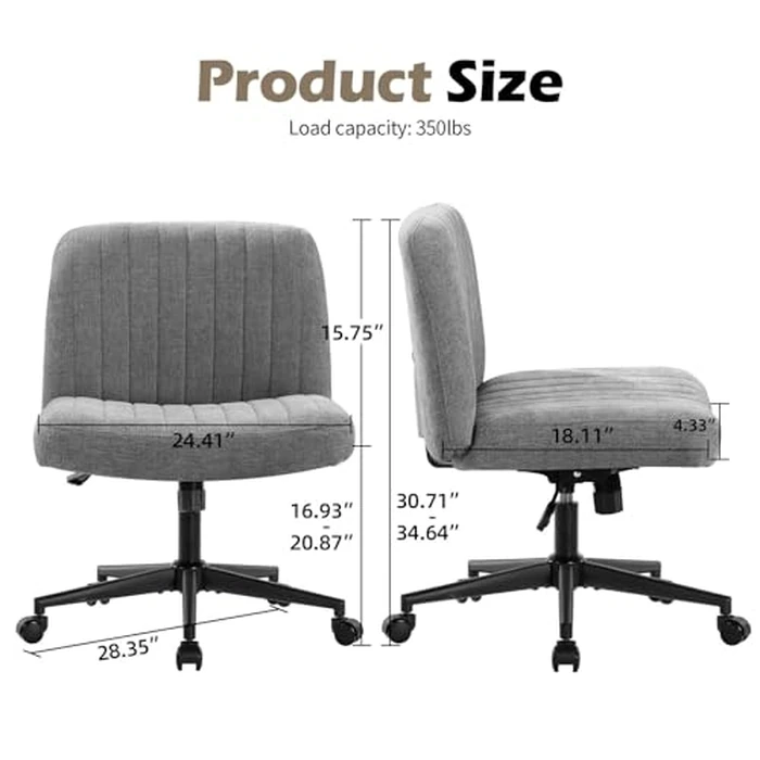 Armless Wide Office Chair with Wheels Crossleg Office Chair 120 degreesRocking Mid Back Fabric Ergonomic Computer Task Chairs for Make Up by Bosmiller - Image 2
