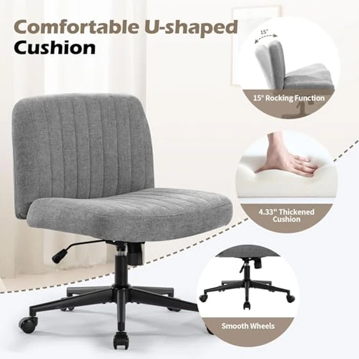 Armless Wide Office Chair with Wheels Crossleg Office Chair 120 degreesRocking Mid Back Fabric Ergonomic Computer Task Chairs for Make Up by Bosmiller - Image 3