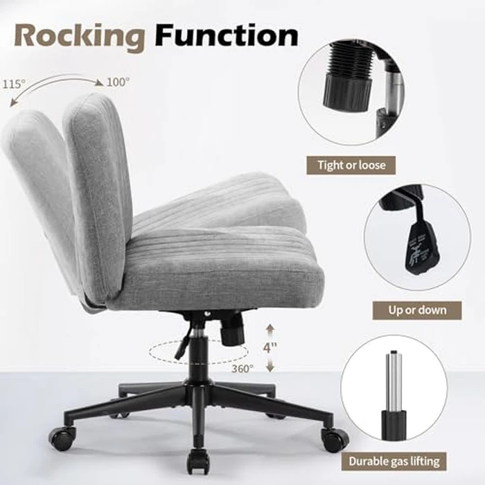 Armless Wide Office Chair with Wheels Crossleg Office Chair 120 degreesRocking Mid Back Fabric Ergonomic Computer Task Chairs for Make Up by Bosmiller - Image 5