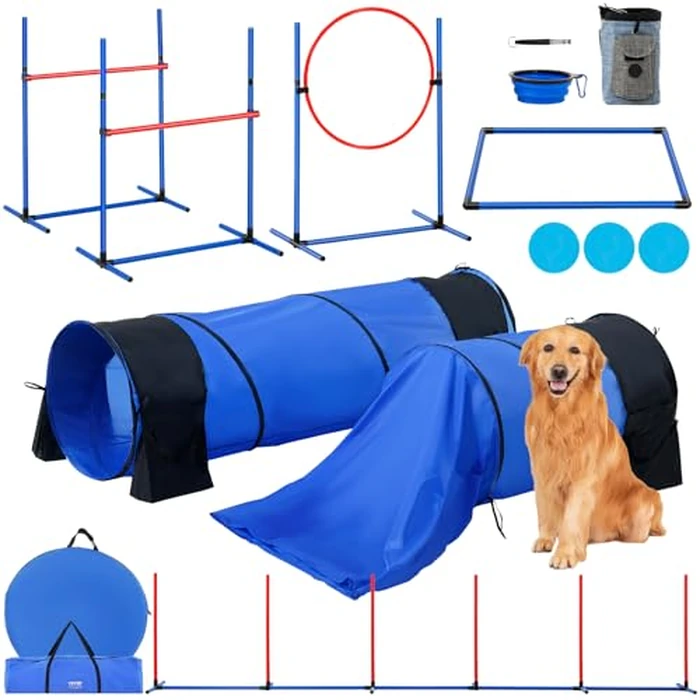 VEVOR Dog Agility Training Equipment, 7 PCS Set w/Adjustable High Hurdles,6 Weave Poles,2 Tunnels,Jump Ring,Pause Box,Whistle,Foldable Bowl,Puppy Obstacle Course Kit w/ 3 Bags by VEVOR - Used - Acceptable condition - CA$70.15