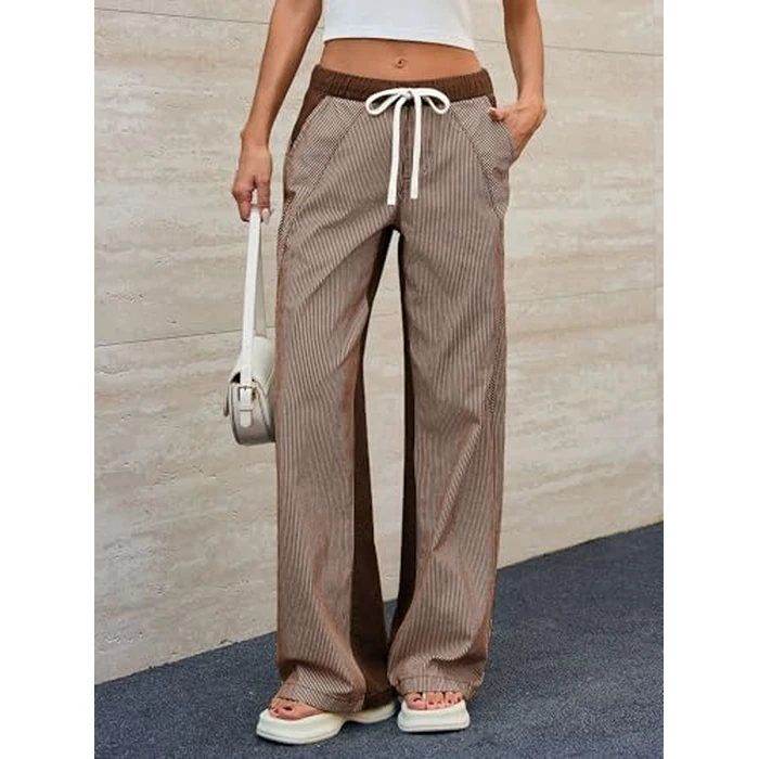 PEIHOT Low Rise Striped Pants for Women Baggy Wide Leg Jeans Trendy 2026 Pull On Drawstring Lounge Casual Sweatpants Coffee S by PEIHOT - Image 10