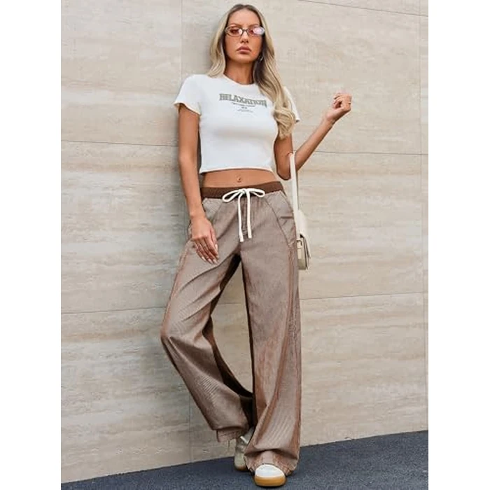 PEIHOT Low Rise Striped Pants for Women Baggy Wide Leg Jeans Trendy 2026 Pull On Drawstring Lounge Casual Sweatpants Coffee S by PEIHOT - Image 4