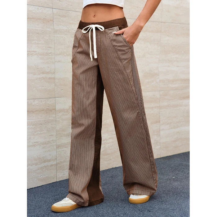 PEIHOT Low Rise Striped Pants for Women Baggy Wide Leg Jeans Trendy 2026 Pull On Drawstring Lounge Casual Sweatpants Coffee S by PEIHOT - Image 9
