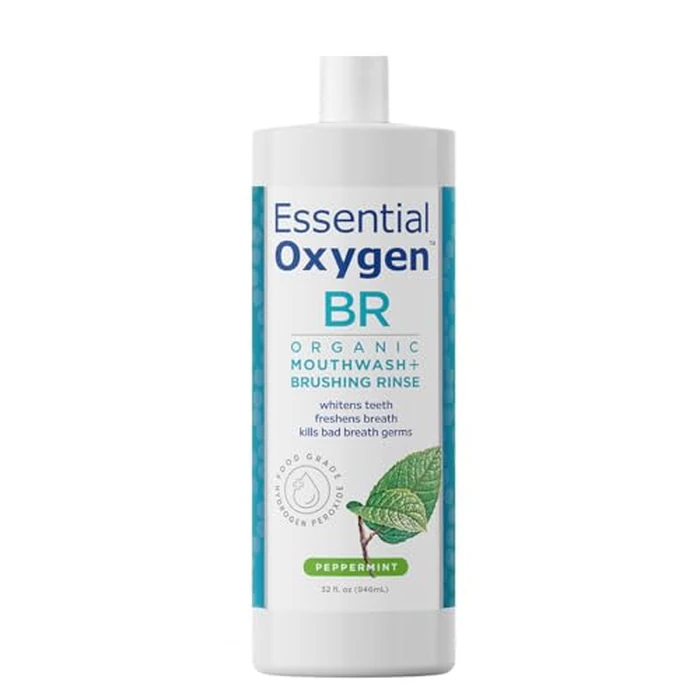 Essential Oxygen Certified BR Organic Brushing Rinse, All Natural Mouthwash for Whiter Teeth, Fresher Breath, and Happier Gums, Alcohol-Free Oral Care, Peppermint, 32 Ounce by Essential Oxygen - Used - Like New condition