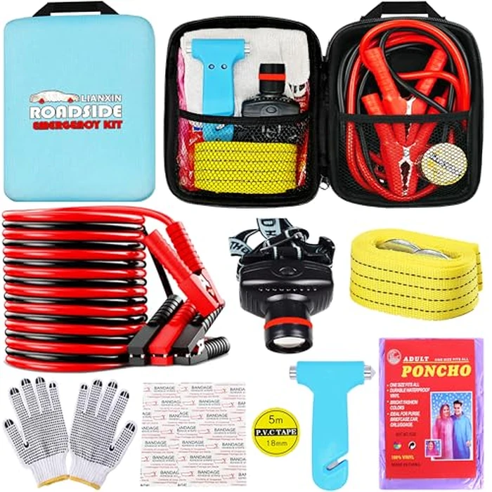 LIANXIN Car Emergency Roadside Tool Kit, Auto Emergency Kits Vehicles, with Jumper Cables kit，Car Safety Roadside Assistance Kit,Headlamp,Tow Straps,Safety Hammers,Rainwear,Gloves.Sky Blue by LIANXIN - Used - Like New condition - US$19.59