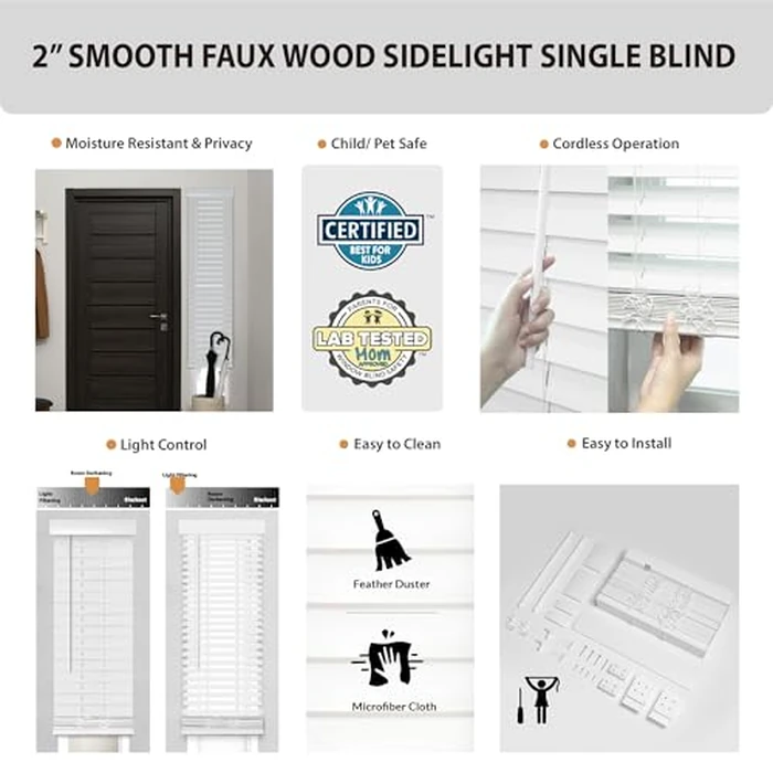 DEZ FURNISHINGS Cordless 2" Smooth Faux Wood Sidelight Single Blind, 12" W x 72" H, Smooth White by DEZ Furnishings - Image 5