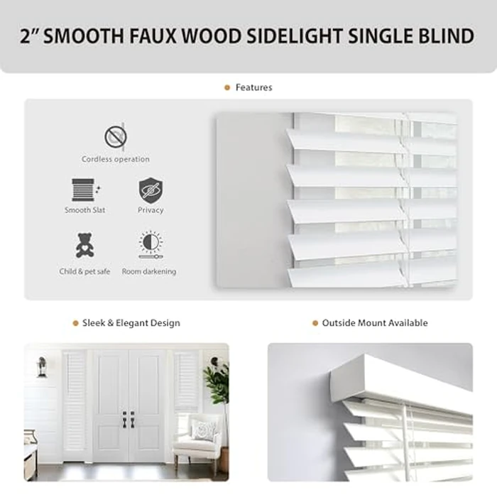 DEZ FURNISHINGS Cordless 2" Smooth Faux Wood Sidelight Single Blind, 12" W x 72" H, Smooth White by DEZ Furnishings - Image 6