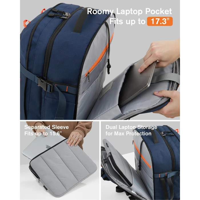 Tolaccea Travel Backpack, TSA Flight Approved Carry On Laptop Backpack for Women Men, Dual Laptop Storage for 17.3" and 15.6" Laptop, Large Luggage Backpack 40-45L Expandable (Navy Blue) by Tolaccea - Image 3
