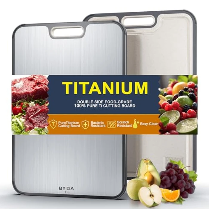 Titanium Cutting Board for Kitchen,Double Sided FoodGrade Pure Titanium&PP,Non-Toxic,Non-Slip,Dishwasher Safe,Easy to Clean,Ideal for Meat,Vegetables,Fruit. Large Size (Titanium, 16" L x 11" W) by BYDA - Used - Good condition - CA$22.08