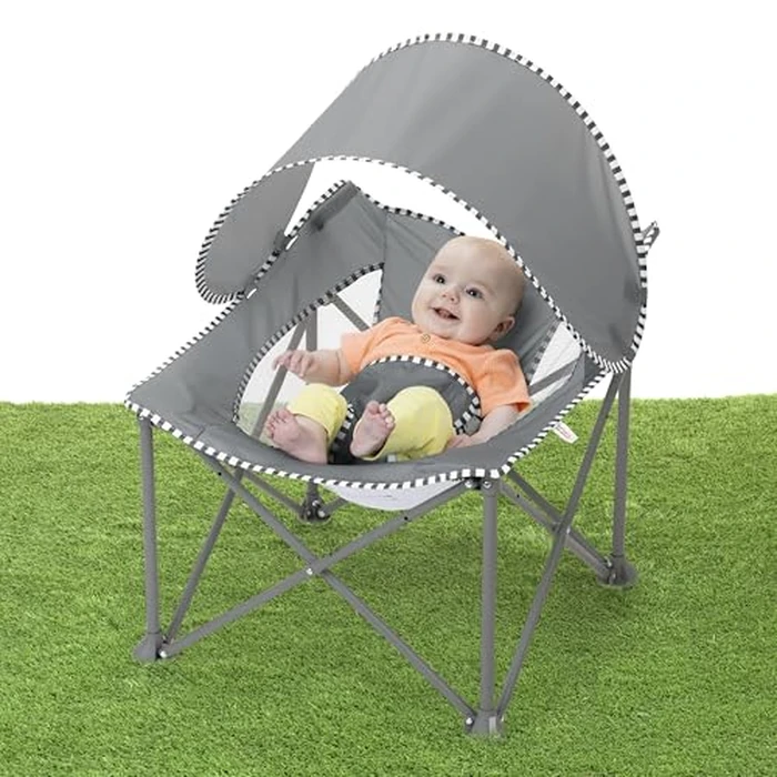 Bright Starts Pop 'N Chill Portable Infant Beach Chair, Travel Seat with UPF 50+ Canopy, Indoor/Outdoor Baby Seat, Grey, 0‑6 Months by Bright Starts - Image 2