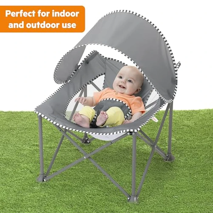 Bright Starts Pop 'N Chill Portable Infant Beach Chair, Travel Seat with UPF 50+ Canopy, Indoor/Outdoor Baby Seat, Grey, 0‑6 Months by Bright Starts - Image 3