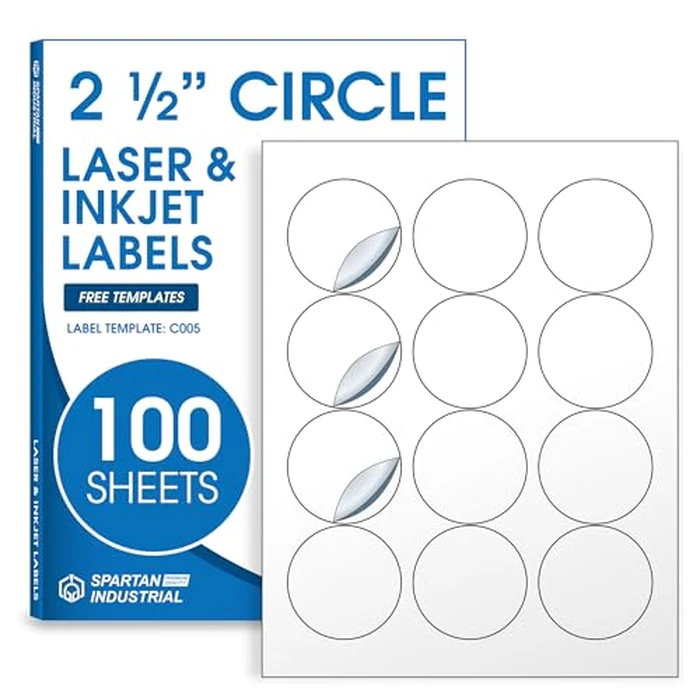 2.5" Circle Printable Labels Compatible with Inkjet and Laser Printers - 100 Sheets, 1200 Matte White Round Stickers for Product Labeling, Packaging, Organization - Spartan Industrial Template C005 by Spartan Industrial - Used - Like New condition - CA$16.65