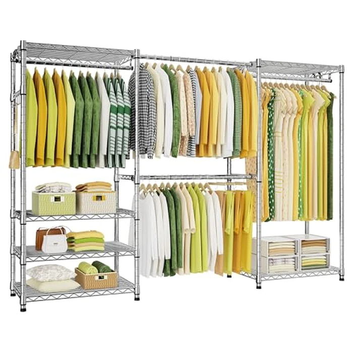 Ulif E1 Heavy Duty Closet Garment Rack, 6 Tiers Adjustable Metal Freestanding Expandable Clothing Storage with 4 Hanger Rods, Easy to Assemble Wardrobe, 71.4" H x (70" - 88.2") L x 14" D, Chrome by Ulif - Used - Like New condition - US$111.14