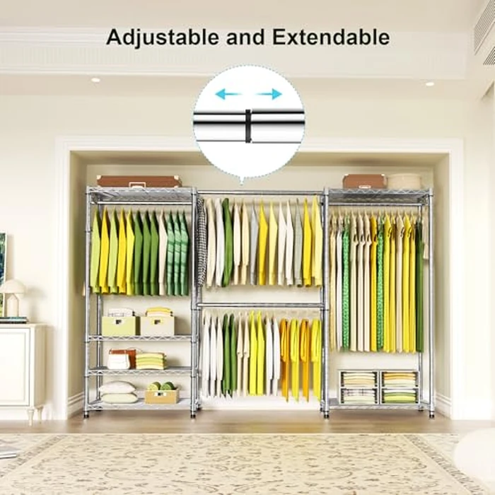Ulif E1 Heavy Duty Closet Garment Rack, 6 Tiers Adjustable Metal Freestanding Expandable Clothing Storage with 4 Hanger Rods, Easy to Assemble Wardrobe, 71.4" H x (70" - 88.2") L x 14" D, Chrome by Ulif - Image 3