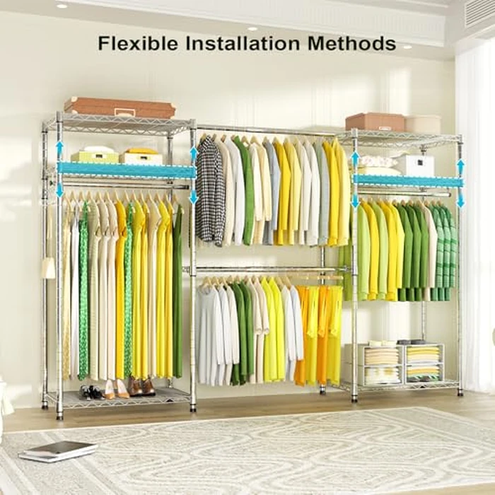 Ulif E1 Heavy Duty Closet Garment Rack, 6 Tiers Adjustable Metal Freestanding Expandable Clothing Storage with 4 Hanger Rods, Easy to Assemble Wardrobe, 71.4" H x (70" - 88.2") L x 14" D, Chrome by Ulif - Image 4